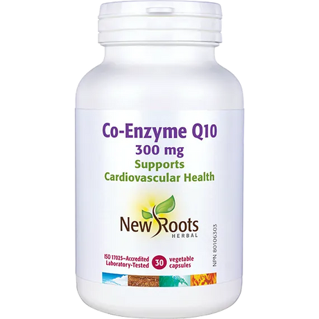 New Roots Herbal Co-Enzyme Q10 300mg cardiovascular health supplement capsules white jar.