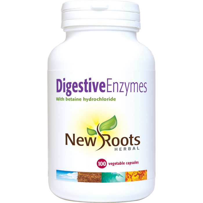 New Roots Herbal Digestive Enzymes with betaine hydrochloride supplement vegetable capsules white jar.