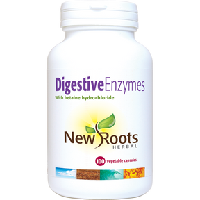 New Roots Herbal Digestive Enzymes with betaine hydrochloride supplement vegetable capsules white jar.