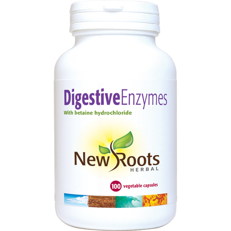 New Roots Herbal Digestive Enzymes with betaine hydrochloride supplement vegetable capsules white jar.
