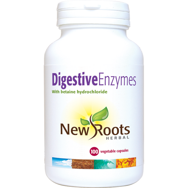 New Roots Herbal Digestive Enzymes with betaine hydrochloride supplement vegetable capsules white jar.