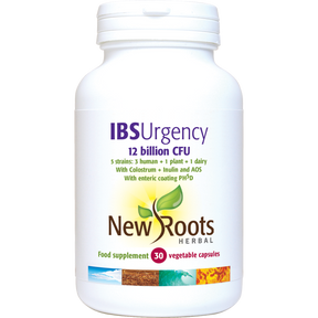 White bottle of New Roots IBS Urgency supplement capsules.