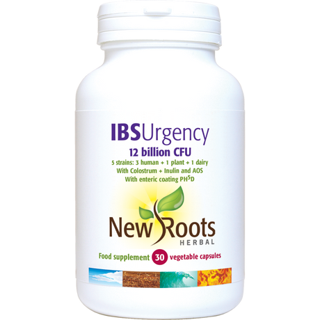 White bottle of New Roots IBS Urgency supplement capsules.