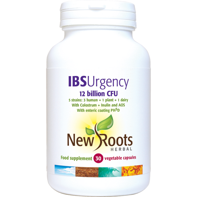 White bottle of New Roots IBS Urgency supplement capsules.