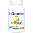 New Roots Herbal L-Glutamine Powder food supplement 100g white jar.
