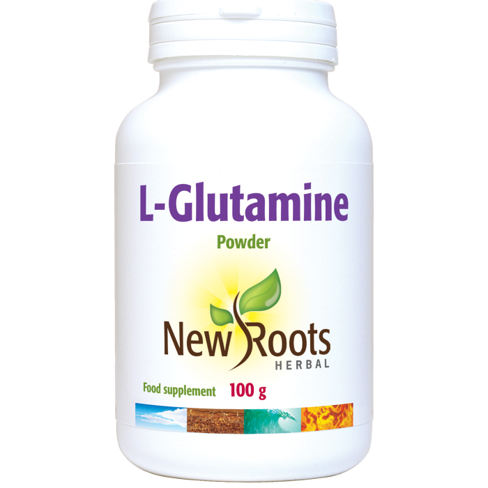 New Roots Herbal L-Glutamine Powder food supplement 100g white jar.
