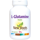 New Roots Herbal L-Glutamine Powder food supplement 100g white jar.