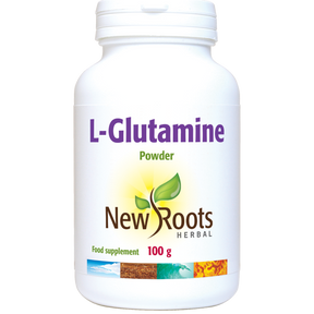 New Roots Herbal L-Glutamine Powder food supplement 100g white jar.