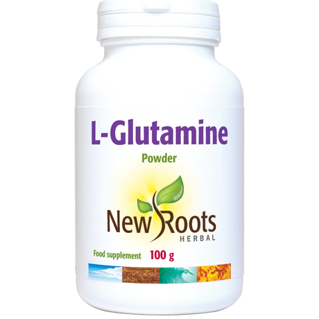 New Roots Herbal L-Glutamine Powder food supplement 100g white jar.