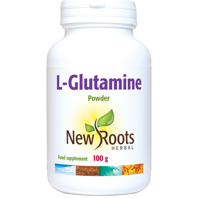 New Roots Herbal L-Glutamine Powder food supplement 100g white jar.