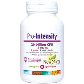 White bottle of New Roots Pro-Intensity probiotic capsules.