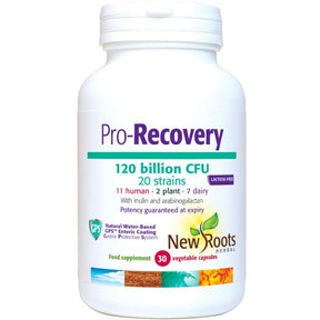 White bottle of New Roots Pro-Recovery probiotic capsules.
