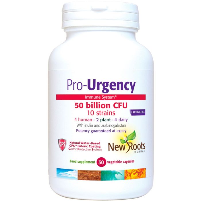 White bottle of New Roots Pro-Urgency probiotic capsules.