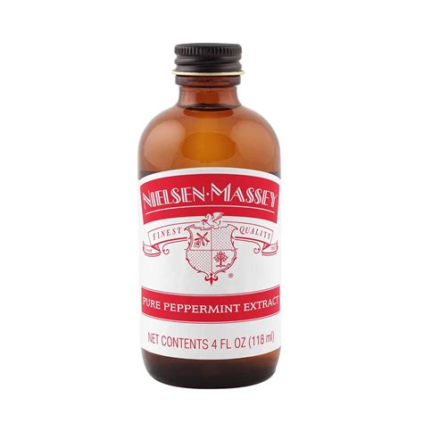 Bottle of Nielsen-Massey pure peppermint extract on a white background