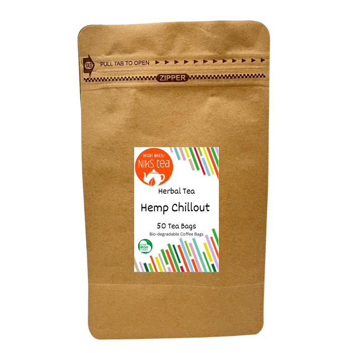 Brown paper bag with a label for organic hemp tea on a white background