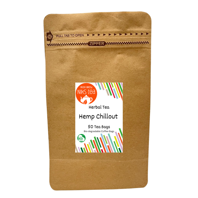 Brown paper bag with a label for organic hemp tea on a white background