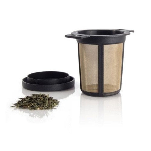 Fine mesh tea infuser with black trim, matching lid, and loose tea leaves.