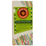 Niks Tea Organic Green Sencha loose leaf tea box with a green label and colorful abstract stripe patterns.