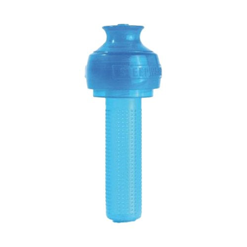 Translucent blue Steepware tea infuser with a textured cylinder and wide top cap.