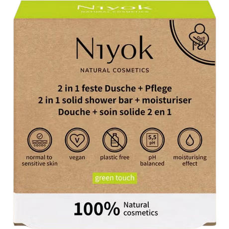 Niyok 2 in 1 solid shower bar and moisturiser box in "green touch" with a cardboard aesthetic.