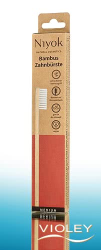 Niyok natural bamboo toothbrush in sustainable brown and red eco-friendly cardboard packaging.