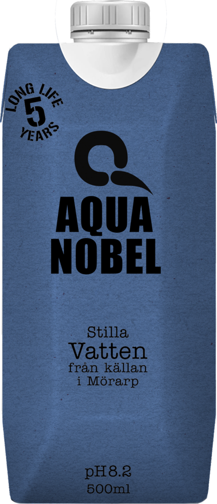 A blue 500ml carton of Aqua Nobel still water from the spring in Mörarp, featuring a pH of 8.2 and a 5-year shelf life.