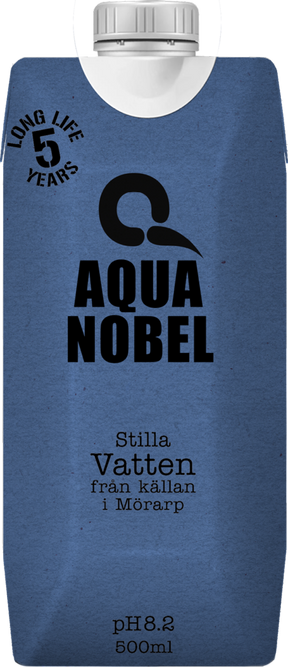 A blue 500ml carton of Aqua Nobel still water from the spring in Mörarp, featuring a pH of 8.2 and a 5-year shelf life.