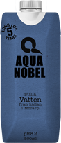 A blue 500ml carton of Aqua Nobel still water from the spring in Mörarp, featuring a pH of 8.2 and a 5-year shelf life.