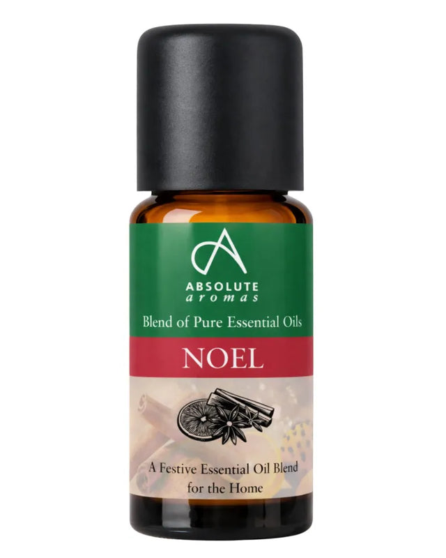 Absolute Aromas Noel is a festive essential oil blend for the home, packaged in an amber glass bottle with a black cap.