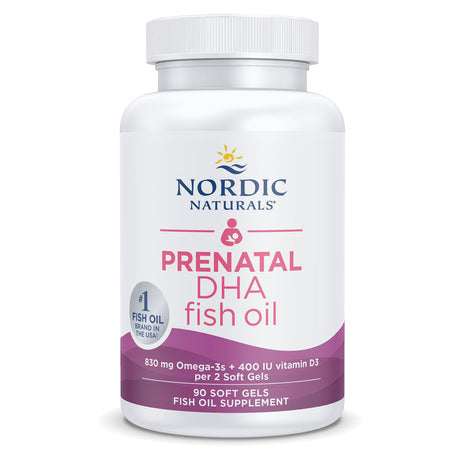 Nordic Naturals Prenatal DHA omega-3 fish oil softgels for baby brain development and maternal wellness support.