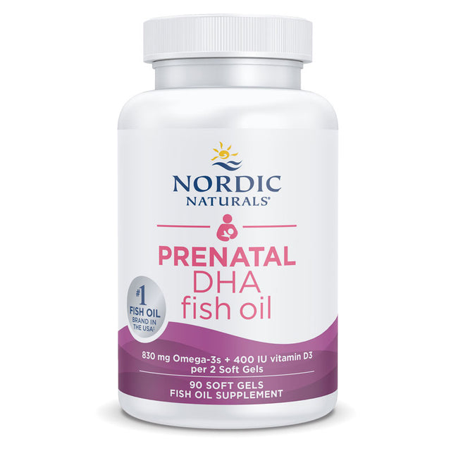 Nordic Naturals Prenatal DHA omega-3 fish oil softgels for baby brain development and maternal wellness support.