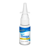 A bottle of Sninu Orega nasal spray with a white plastic bottle and nozzle, featuring a blue and white label with yellow accents, on a solid white background.