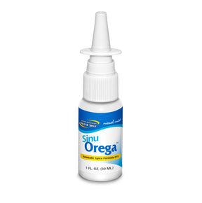 A bottle of Sninu Orega nasal spray with a white plastic bottle and nozzle, featuring a blue and white label with yellow accents, on a solid white background.