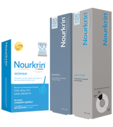 Nourkrin Woman hair growth supplement box alongside Nourkrin shampoo and conditioner bottles.