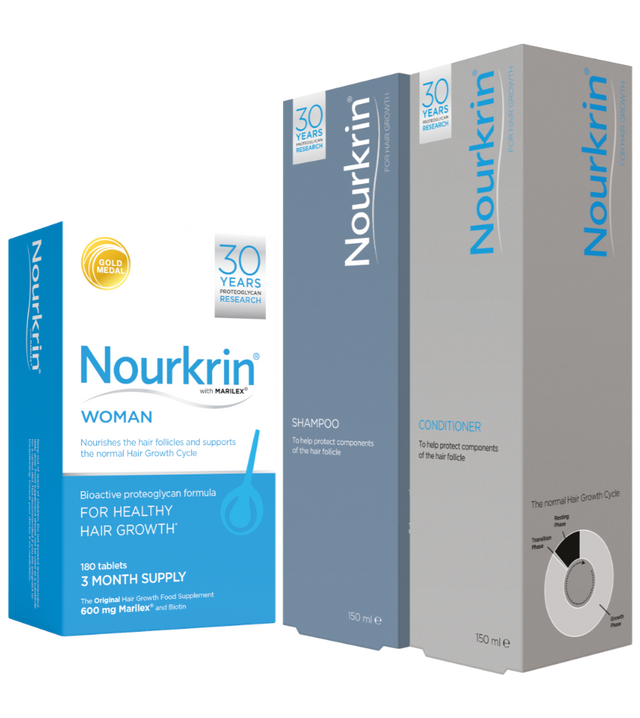 Nourkrin Woman hair growth supplement box alongside Nourkrin shampoo and conditioner bottles.