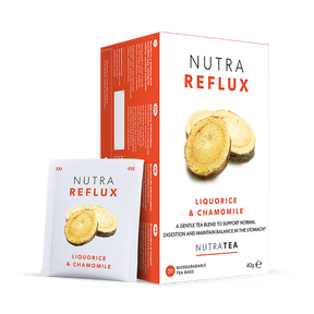 NutraReflux Herbal Tea bags for digestive comfort and stomach soothing 20 pack caffeine free organic ingredients.