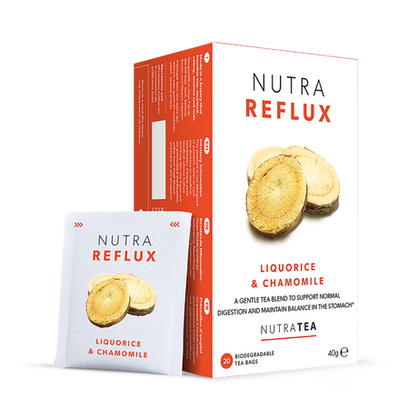 NutraReflux Herbal Tea bags for digestive comfort and stomach soothing 20 pack caffeine free organic ingredients.
