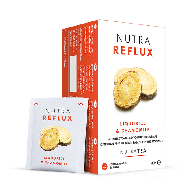 NutraReflux Herbal Tea bags for digestive comfort and stomach soothing 20 pack caffeine free organic ingredients.