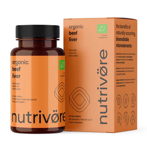 Nutrivore Organic Beef Liver supplement capsules amber glass jar.