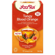 A box of Yogi Tea Organic Tangy Blood Orange, featuring an Ayurvedic blend with hibiscus and orange, displayed against a white background.