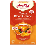 A box of Yogi Tea Organic Tangy Blood Orange, featuring an Ayurvedic blend with hibiscus and orange, displayed against a white background.