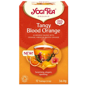 A box of Yogi Tea Organic Tangy Blood Orange, featuring an Ayurvedic blend with hibiscus and orange, displayed against a white background.