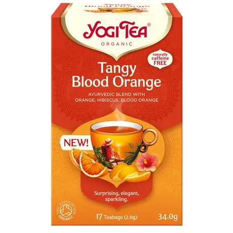A box of Yogi Tea Organic Tangy Blood Orange, featuring an Ayurvedic blend with hibiscus and orange, displayed against a white background.