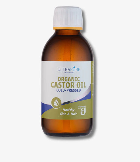 Ultrapure Laboratories Organic Castor Oil in a dark amber glass bottle with a white cap.