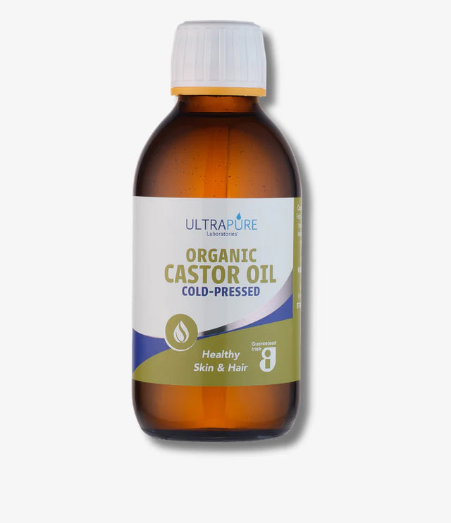 Ultrapure Laboratories Organic Castor Oil in a dark amber glass bottle with a white cap.
