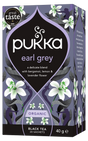 A purple box of Pukka Organic Earl Grey black tea, featuring a delicate blend with bergamot, lemon, and lavender flower containing 20 sachets.
