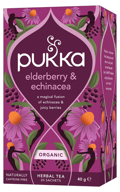 A box of Pukka Organic Turmeric, Ginger & Orange herbal tea, a bright invigorating caffeine-free blend containing 20 sachets.