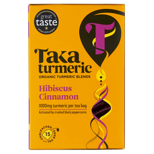 A yellow and purple box of Taka Turmeric Organic Hibiscus Cinnamon tea, containing 15 unbleached tea bags with 1000mg of turmeric per bag.