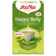 A box of Yogi Tea Organic "Happy Belly" Ayurvedic blend with barley grass, dandelion, and nettle, containing 17 naturally caffeine-free teabags.