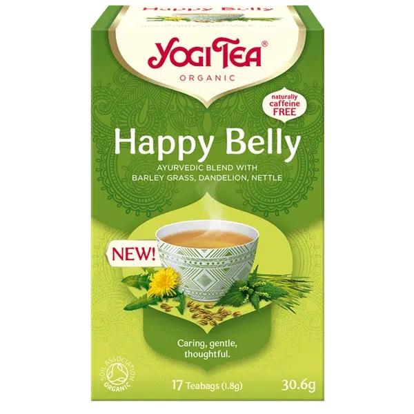 A box of Yogi Tea Organic "Happy Belly" Ayurvedic blend with barley grass, dandelion, and nettle, containing 17 naturally caffeine-free teabags.